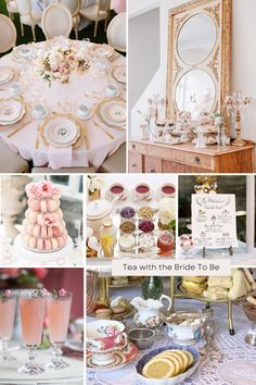 tea with the bride to be collage in pink, gold and white color scheme