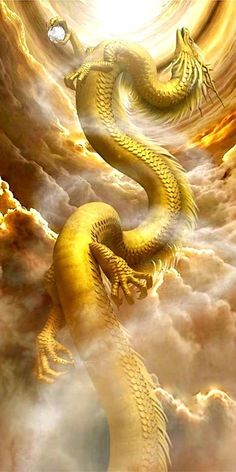 a golden dragon sitting on top of a cloud filled sky