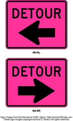 two pink detour signs with black arrows