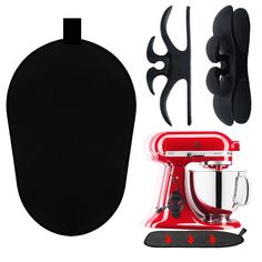 an image of kitchen appliances and utensils set up on white background with black backdrop