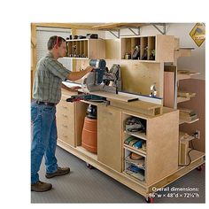 a man working on a workbench in a garage