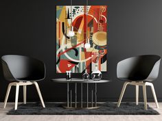 two chairs and a table in front of a large painting on the wall with an abstract design