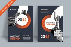 two business brochure templates with orange and black circles in the middle, on a gray background