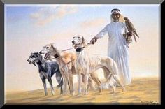 a painting of a man walking three dogs in the desert with an eagle on his shoulder