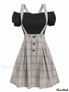 Olivia Mark - Waist Grid Overalls Dress with Solid Color Cotton Shirt Spliced Dress Skirt Set Two Piece, Overalls Dress, Suspender Skirt, Overall Dress, Two Piece Dress, Types Of Skirts, Casual Wardrobe, Dress Backs, Olivia Mark