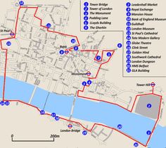 the london marathon route is shown in blue and red, along with other routes for each race