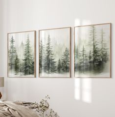 three paintings hanging on the wall above a bed