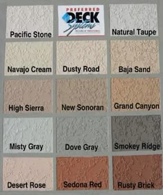 the names and colors of different types of paint samples for walls, ceilings or floors