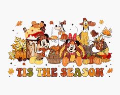 an image of mickey mouse and friends in the fall with it's the season