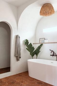 a white bath tub sitting in a bathroom next to a plant