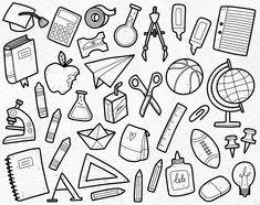 a black and white drawing of school supplies