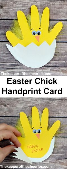 an easter chick handprint card is shown with the words happy easter on it and in front