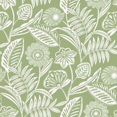 a green and white floral wallpaper with leaves