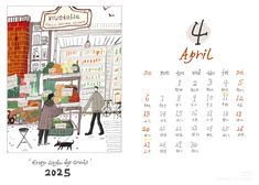 a calendar with an image of people shopping in the store and another drawing on it