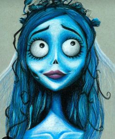 a drawing of a woman with blue hair and eyes is featured in this image, which appears to be drawn by someone