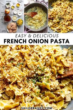 French Onion Pasta is a great savory dish. The onions are cooked to perfection, giving off a deep, sweet flavor while everything is cooked in one skillet. This cozy creamy dish is the perfect easy lunch idea or dinner recipe. It can be made gluten-free and left vegetarian, or chicken can be added for protein. French Onion Pasta, Easy Lunch Idea, Onion Pasta, Cream Sauce Pasta, Pasta Easy, Slow Cooked Chicken