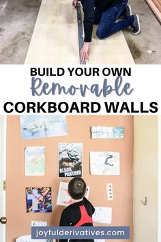 two pictures with the words build your own removable corkboard walls in front of them