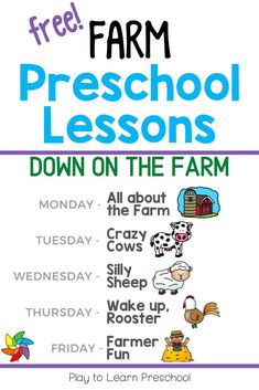 a poster with the words, free farm preschool lessons down on the farm and an image of