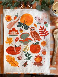 fall tea towel with acorns, fox, squirrel, apple, marigolds and all sorts of fall illustrations. Fall Tea, Mushroom Tea, Autumn Tea, Woodland Decor, Linen Tea Towel, Autumn Decor, Kitchen Tea Towels