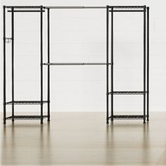 three metal shelvings with shelves on each side and one shelf in the middle