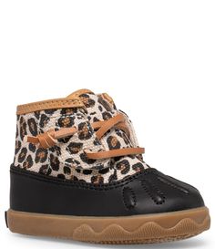 From Sperry&#x2C; the Girls' Icestorm Leopard Print Boot Crib Shoes feature:Textile upper with leopard print detailAlternative closure for easy on/off and adjustabilitySynthetic liningCushy memory foam footbed for comfort and stabilityVulcanized bottom for cushion and flexibilityRubber soleImported. Custom Baby Shoes, Crib Shoes Girl, Sperry Duck Boots, Leopard Print Boots, Leopard Print Baby, Youth Shoes, Black And White Shoes, Outdoor Boots, Boot Print