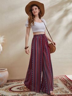 SHEIN Mulvari Mixed Print Tassel Knot Waist Palazzo Trousers | SHEIN UK Palazzo Pants Outfit Indian Casual, Printed Palazzo Pants Outfit, Palazzo Pants Outfit Indian, Western Boho Outfits, Palazzo Pants Summer, High Waist Loose Pants, Palazzo Outfit, Palazzo Pants Outfit, Thailand Outfit