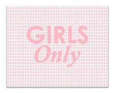 the words girls only written in pink on a checkered background with a white sticker