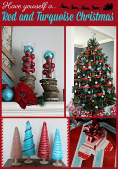 red and turquoise christmas decorations are featured in this collage