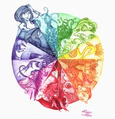 a drawing of a woman sitting on top of a rainbow colored circle with different colors