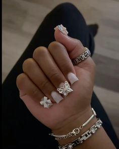 White Junk Nails Short, White Acrylic Overlay Nails, White N Black Nails, Nails Acrylic French Tip Design, Exotic Nails Short, White Bday Nails, White Baddie Nails, Short White Nails, Bts Nails