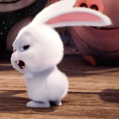 a white rabbit with its mouth open standing in front of an animated character on the floor