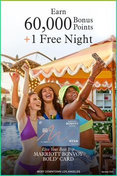 two women in bikinis and hats are holding up a sign that says earn 60, 000 points + 1 free night