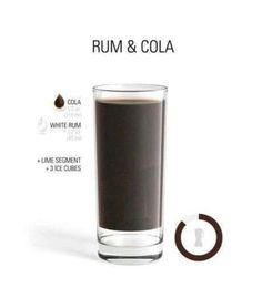 a glass filled with liquid next to an object labeled rum and cola on a white background