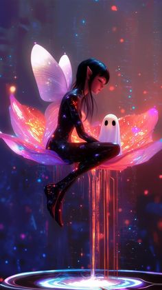 a woman sitting on top of a flower next to a ghost in the air with her eyes closed