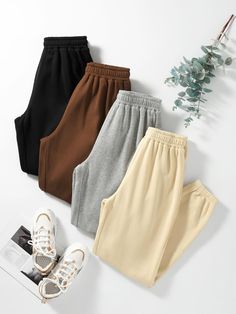 Multicolor    Polyester Plain  Embellished Slight Stretch Fall/Winter Women Bottoms Pants Photography Ideas, Plain Sweatpants, Fashion Composition, Hoodies Collection, Good Woman, Summer Pieces, Look Legging, Cute Sweatpants, Sporty Pants