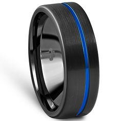 a black and blue wedding ring with an inlay design on the outside of it