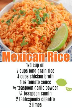 mexican rice in a bowl with limes and cilantro next to the recipe