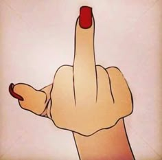 a cartoon hand with a red manicure giving the middle finger to someone else's thumb