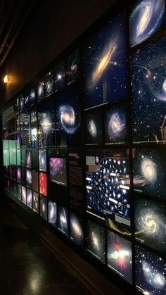 a wall covered in pictures of different types of stars and planets, with people looking at them