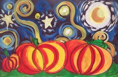 an acrylic painting of pumpkins and stars