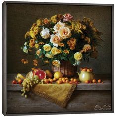 a painting of flowers and fruit on a table with an orange cloth next to it