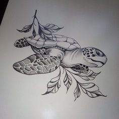 a drawing of a turtle with leaves on its back