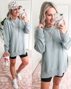 Bike Shorts Outfit Fall, Tunic Sweatshirt Outfit, Biker Shorts Outfit Fall, Shorts Outfit Fall, Bike Shorts Outfit Summer, Lazy Fall Outfits, Camping Clothing, Beginning Of Fall