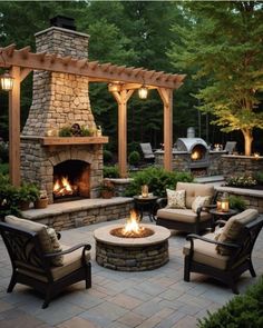 an outdoor patio with seating and fire pit