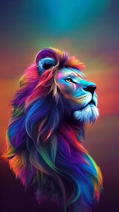 a painting of a lion with multicolored hair