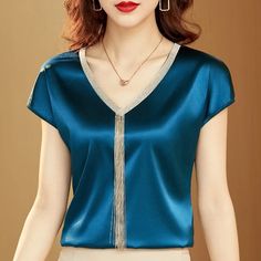 Shirts and Blouses Fashion Woman 2023 Silk Tops Solid V-neck Satin Bat Sleeve for Women Elegant Office Lady Loose Casual Crop Top Styles, Women Office, Bat Sleeve, Korean Dress, Loose Outfit, Summer Tank Tops, Dress Top, Office Lady, Solid Tops