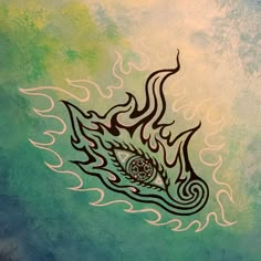 an abstract painting with flames and swirls in the center on a green background that looks like water