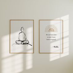 two framed art prints on the wall above a bed with a sunburst in the background