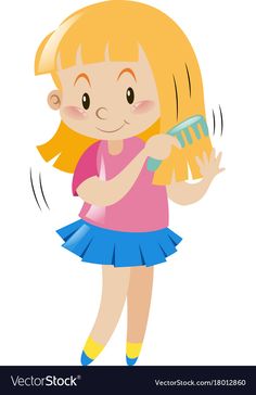 Little girl combing her hair Royalty Free Vector Image Colours Name For Kids, Brushing Hair, Combing Hair, Action Pictures, Hair Vector, Hair Clipart, Hair Illustration, English Worksheets For Kids, Hair Kids