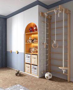 a child's room with an open closet and toys on the shelves in it